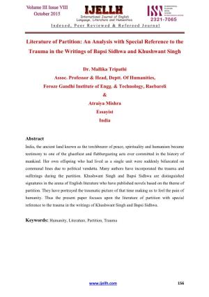 Literature of Partition: an Analysis with Special Reference to the Trauma in the Writings of Bapsi Sidhwa and Khushwant Singh