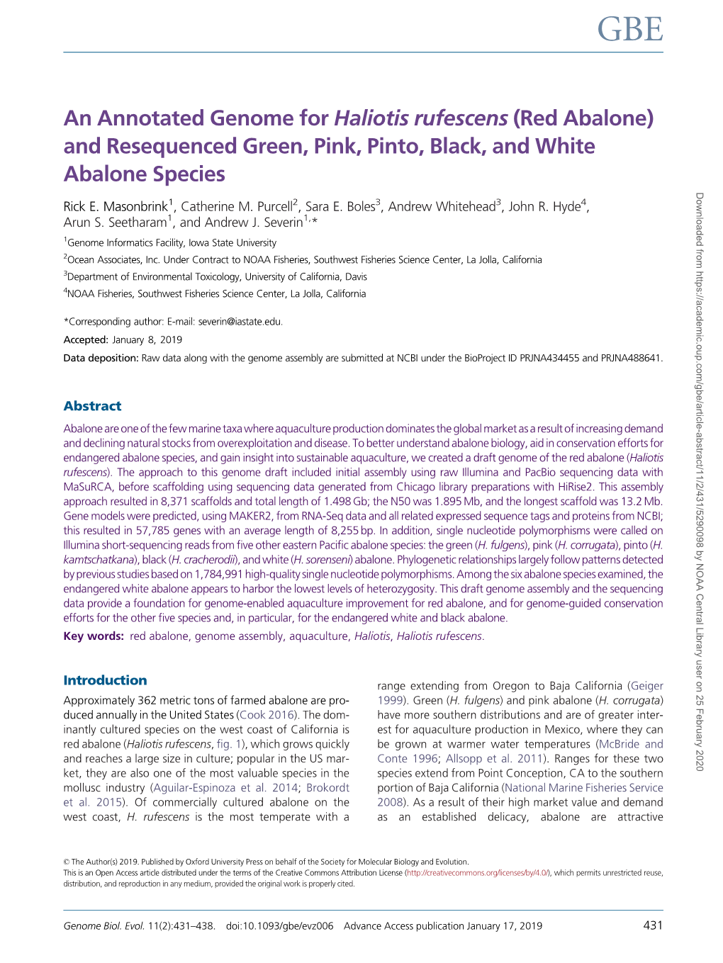 An Annotated Genome for Haliotis Rufescens (Red Abalone)