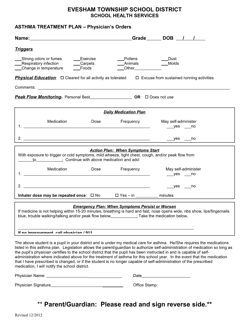 ASTHMA TREATMENT PLAN Physician S Orders