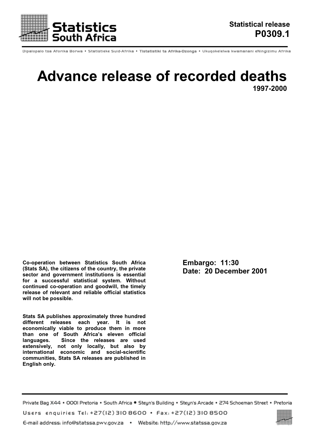 Advance Release of Recorded Deaths 1997-2000
