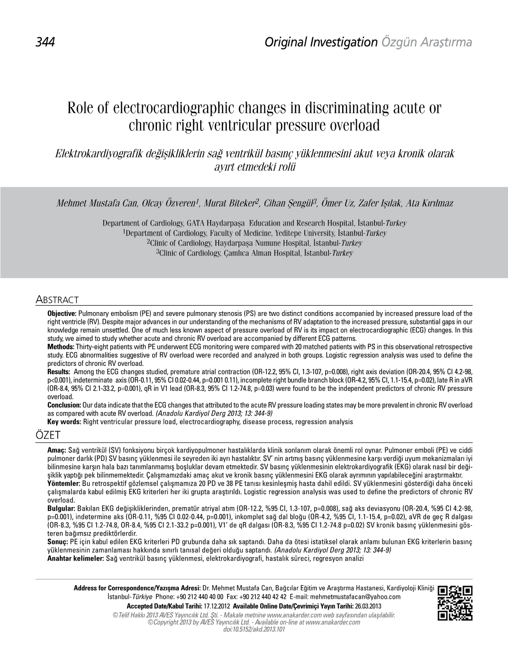 Role of Electrocardiographic Changes in Discriminating Acute Or Chronic Right Ventricular Pressure Overload