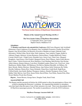 Minutes of the Annual General Meeting (AGM) of the the Nova Scotia Colony of Mayflower Descendants 21 September 2019, 2 Pm United Baptist Church, Middleton N.S