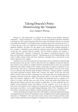 Taking Dracula's Pulse: Historicizing the Vampire