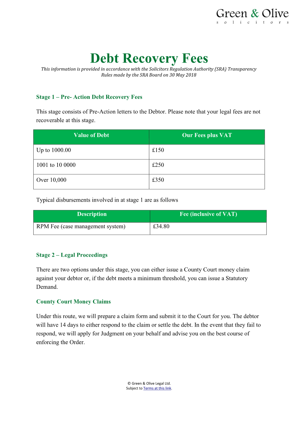 Debt Recovery Fees This Information Is Provided in Accordance with the Solicitors Regulation Authority (SRA) Transparency Rules Made by the SRA Board on 30 May 2018