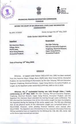 Date of Hearing: 19Th May,2020. Whereas, the L't Rescheduled Hearing Was Held Through Video / Rudio March'2018. However, Some Pe