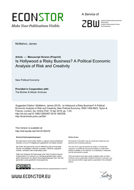 Is Hollywood a Risky Business? a Political Economic Analysis of Risk and Creativity