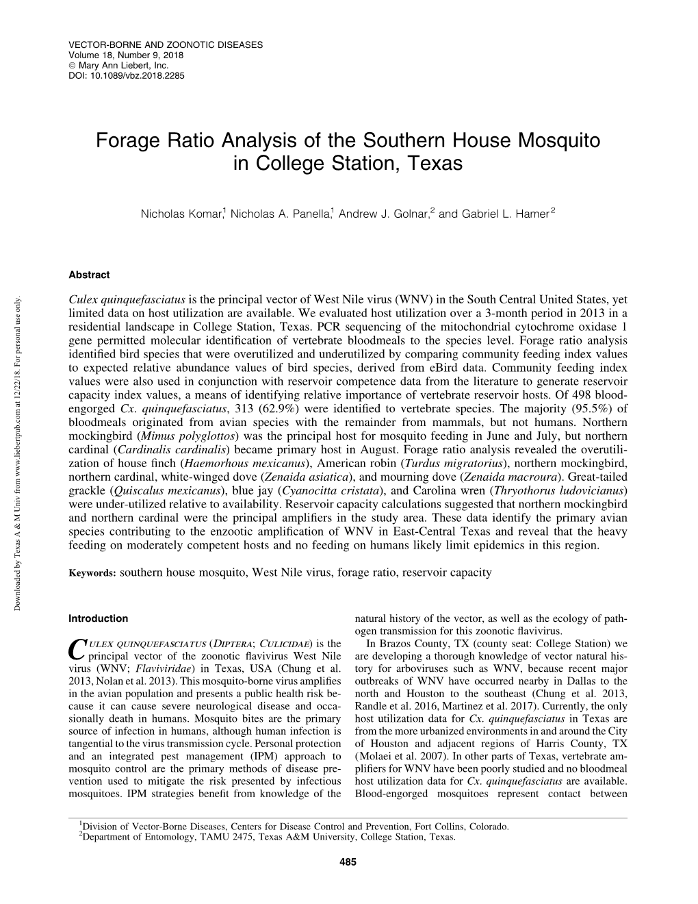 Forage Ratio Analysis of the Southern House Mosquito in College Station, Texas