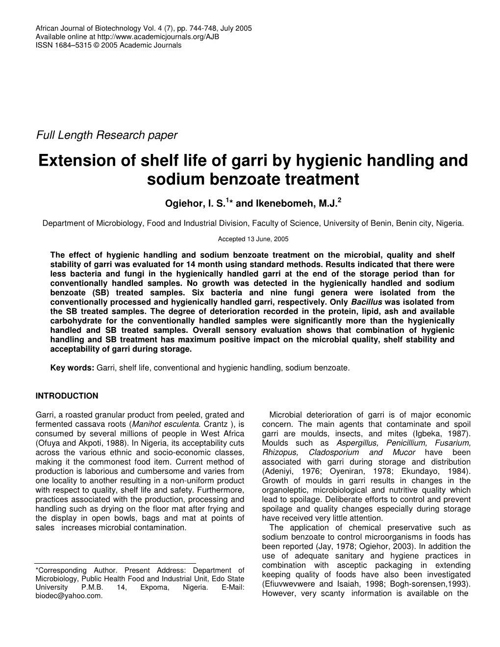 Extension of Shelf Life of Garri by Hygienic Handling and Sodium Benzoate Treatment