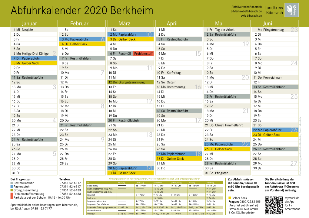 Abfuhrkalender 2020 Berkheim