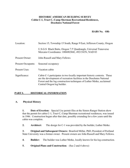 HISTORIC AMERICAN BUILDING SURVEY Cabin C-1, Tract C, Camp Sherman Recreational Residences, Deschutes National Forest