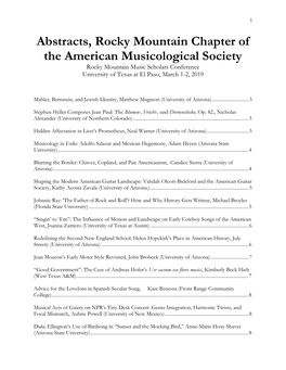 Abstracts, Rocky Mountain Chapter of the American Musicological Society Rocky Mountain Music Scholars Conference University of Texas at El Paso, March 1-2, 2019