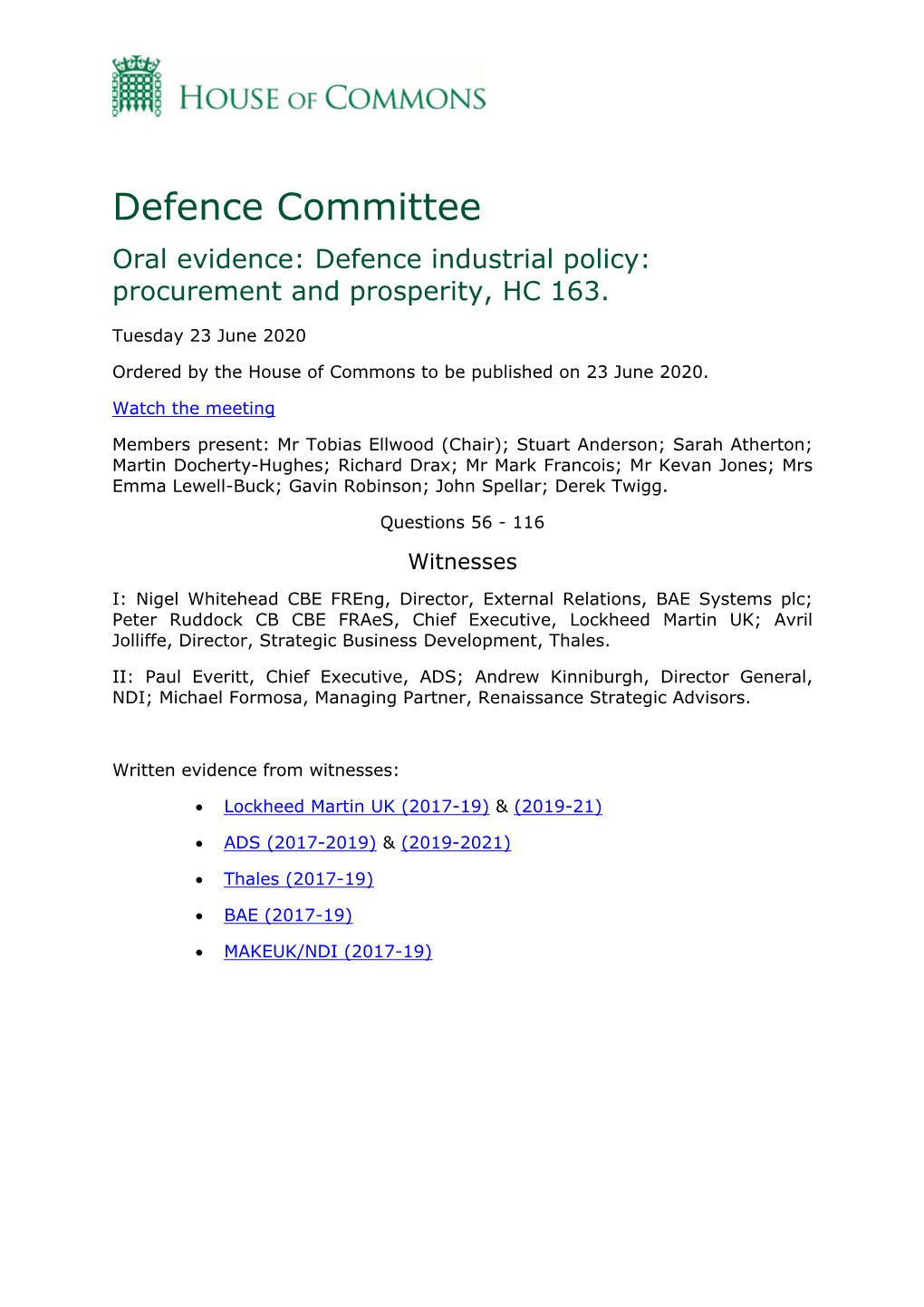 Defence Industrial Policy: Procurement and Prosperity, HC 163