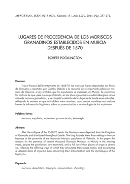 Lugares De Procedencia De Los Moriscos Granadinos Establecidos En Murcia Después De 1570