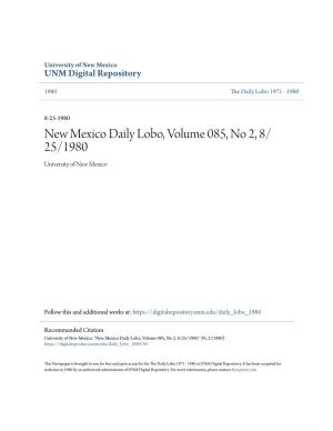 New Mexico Daily Lobo, Volume 085, No 2, 8/25/1980." 85, 2 (1980)