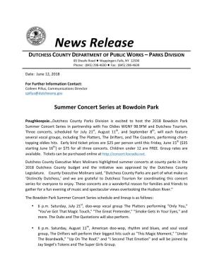 News Release DUTCHESS COUNTY DEPARTMENT of PUBLIC WORKS – PARKS DIVISION 85 Sheafe Road ♦ Wappingers Falls, NY 12590 Phone: (845) 298-4600 ♦ Fax: (845) 298-4609