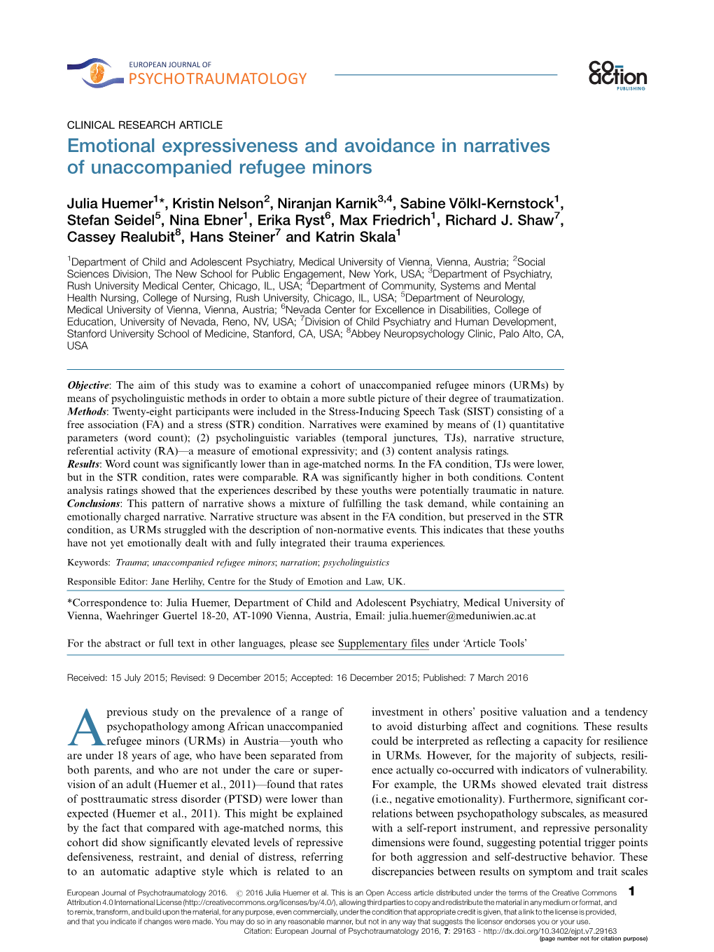 Emotional Expressiveness and Avoidance in Narratives of Unaccompanied Refugee Minors