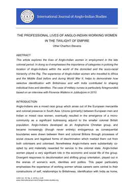 THE PROFESSIONAL LIVES of ANGLO-INDIAN WORKING WOMEN in the TWILIGHT of EMPIRE Uther Charlton-Stevens