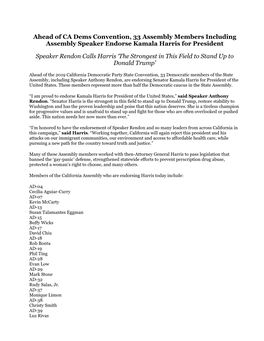 Ahead of CA Dems Convention, 33 Assembly Members Including Assembly Speaker Endorse Kamala Harris for President