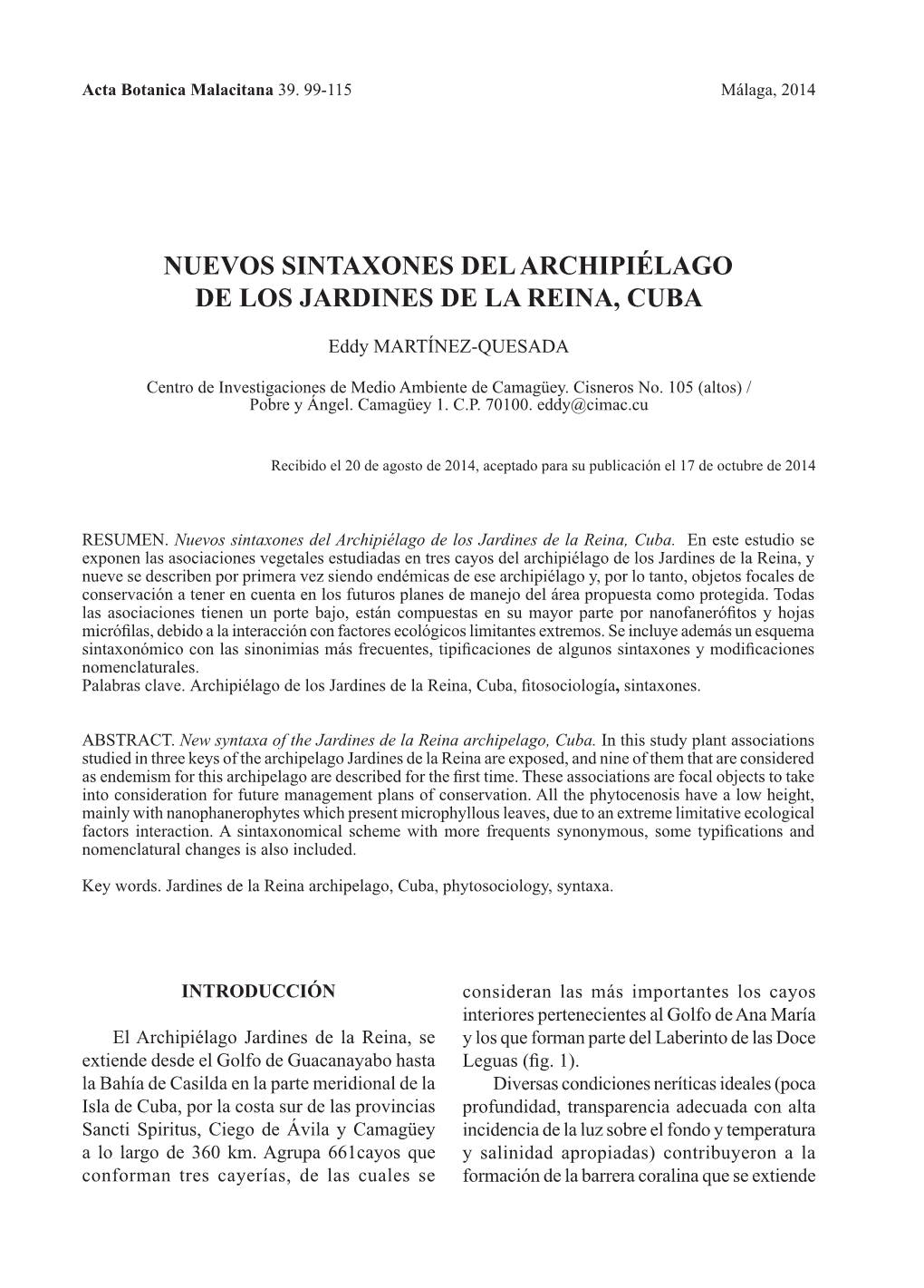 Nuevos Sintaxones Del Archipiélago De Los Jardines De La Reina, Cuba