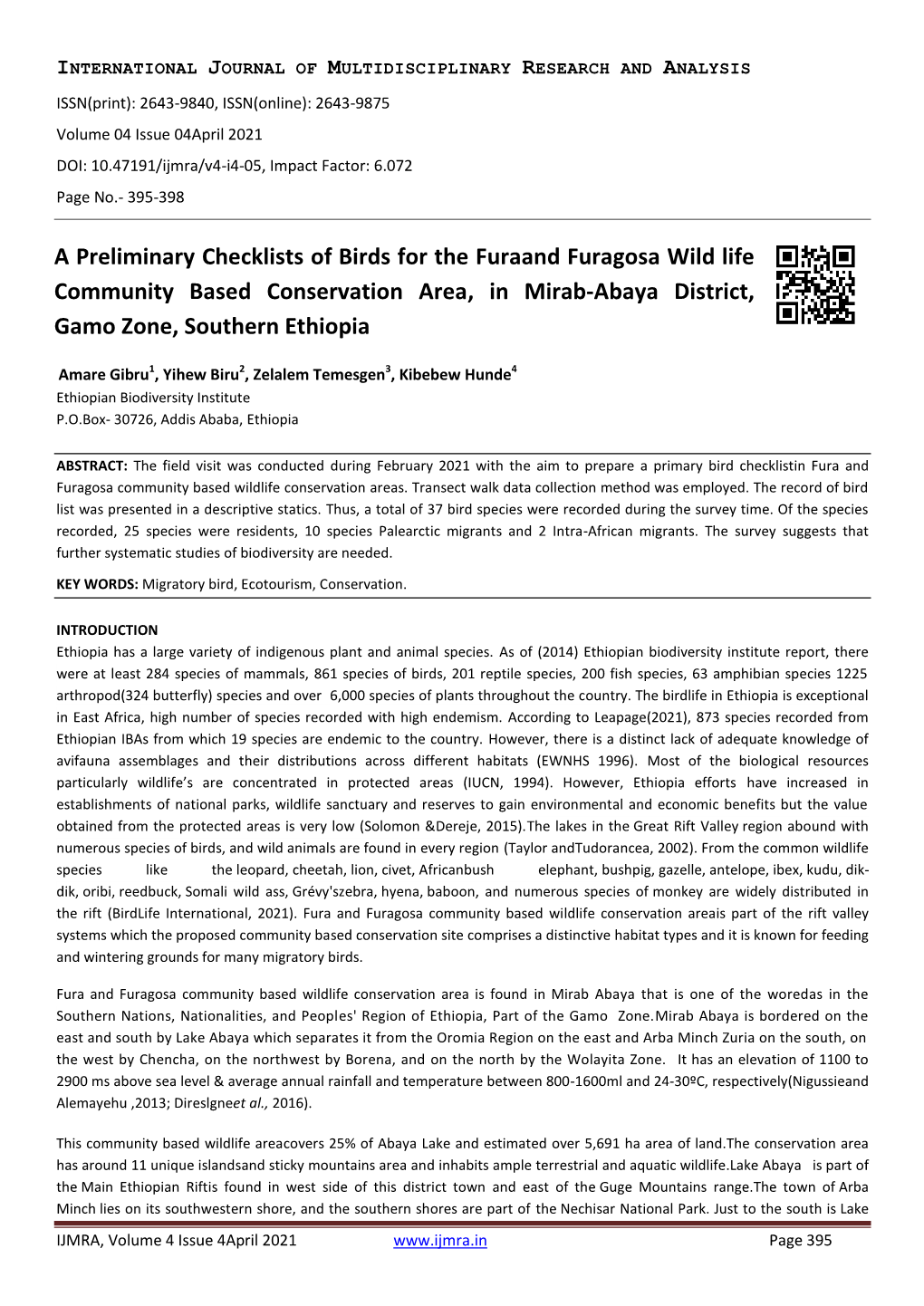 A Preliminary Checklists of Birds for the Furaand Furagosa Wild Life Community Based Conservation Area, in Mirab-Abaya District, Gamo Zone, Southern Ethiopia