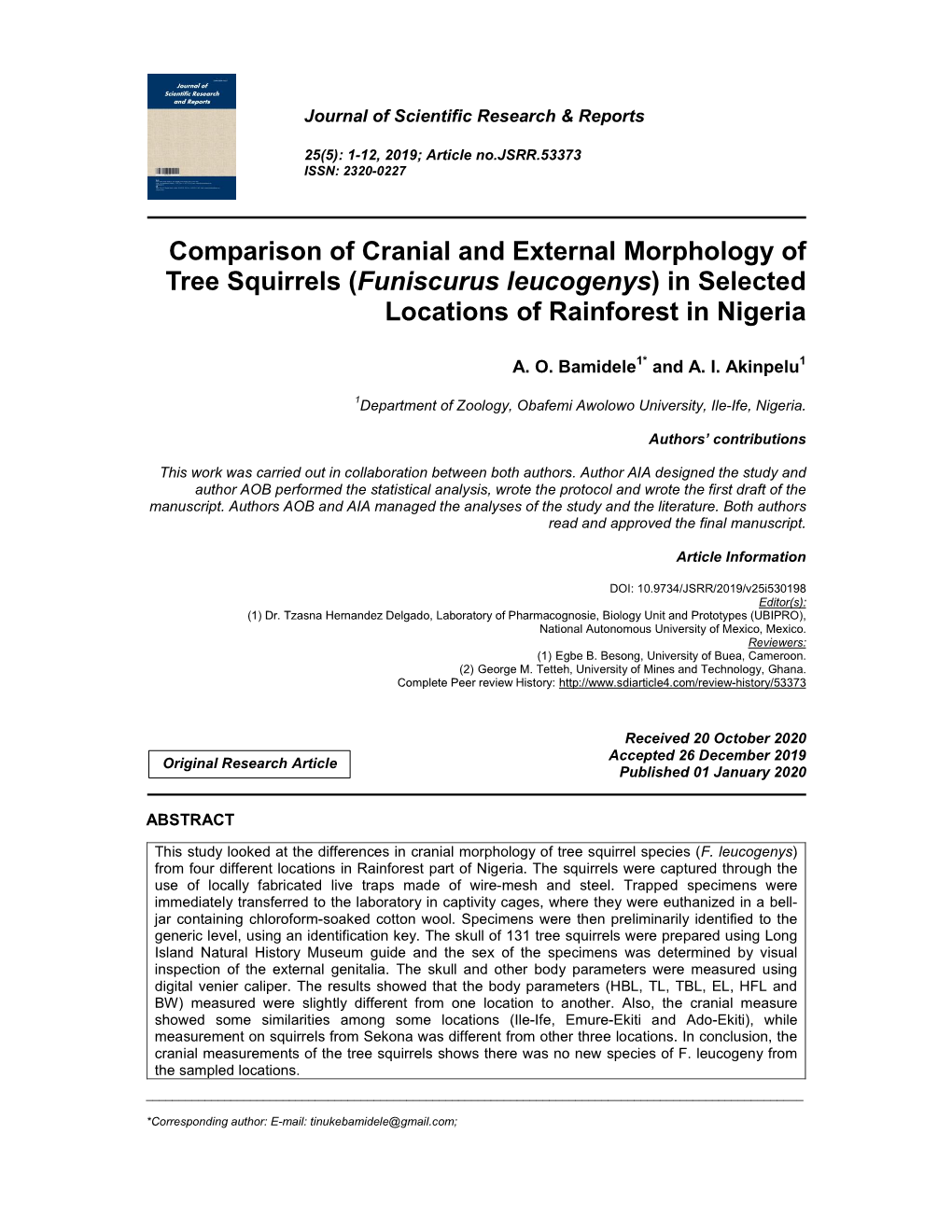 Comparison of Cranial and External Morphology of Tree Squirrels