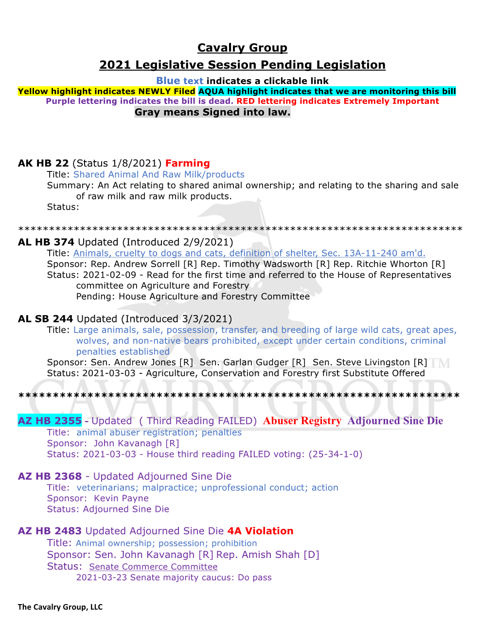 Cavalry Group 2021 Legislative Session Pending Legislation