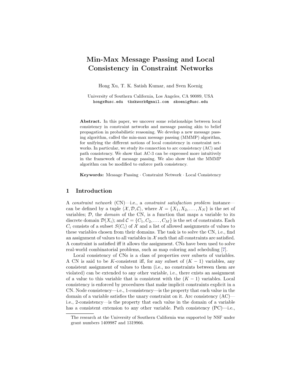 Min-Max Message Passing and Local Consistency in Constraint Networks