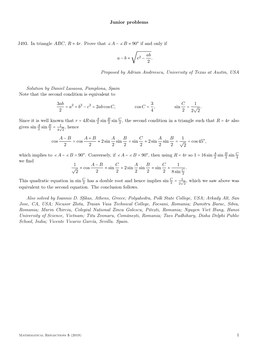 Junior Problems J493. in Triangle ABC, R = 4R. Prove That ∠A