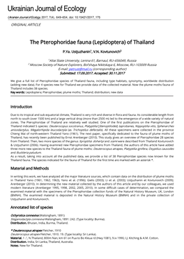 The Pterophoridae Fauna (Lepidoptera) of Thailand