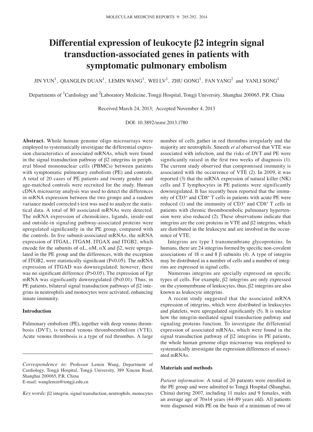 Differential Expression of Leukocyte Β2 Integrin Signal Transduction‑Associated Genes in Patients with Symptomatic Pulmonary Embolism