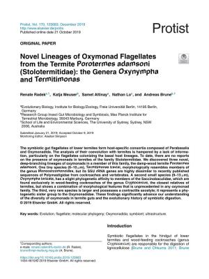 Novel Lineages of Oxymonad Flagellates from the Termite Porotermes Adamsoni (Stolotermitidae): the Genera Oxynympha and Termitim