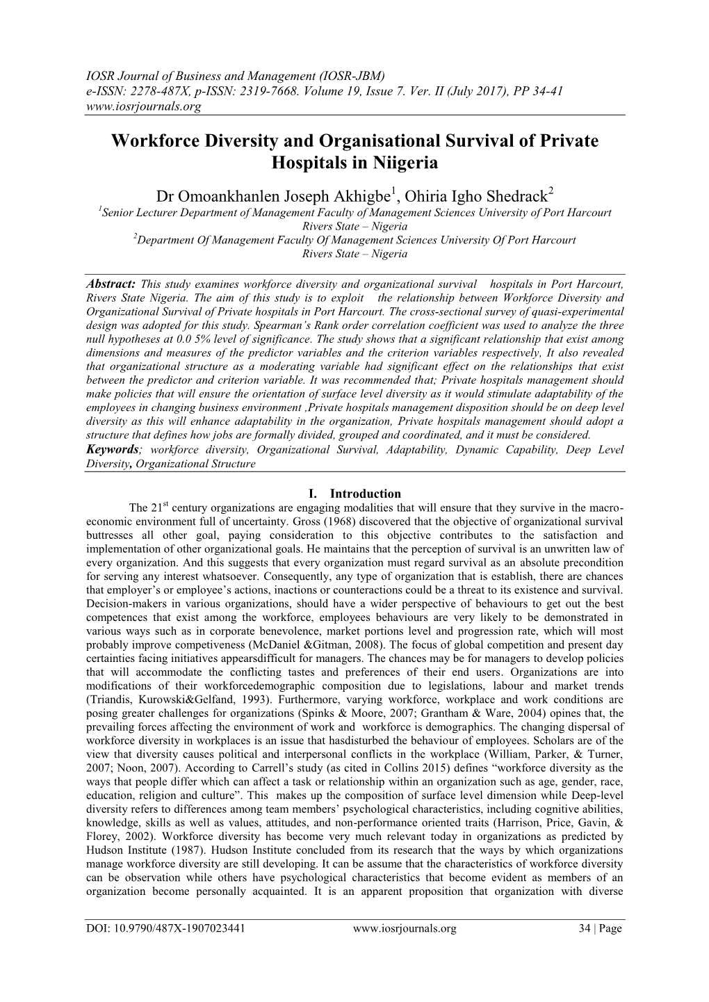 Workforce Diversity and Organisational Survival of Private Hospitals in Niigeria