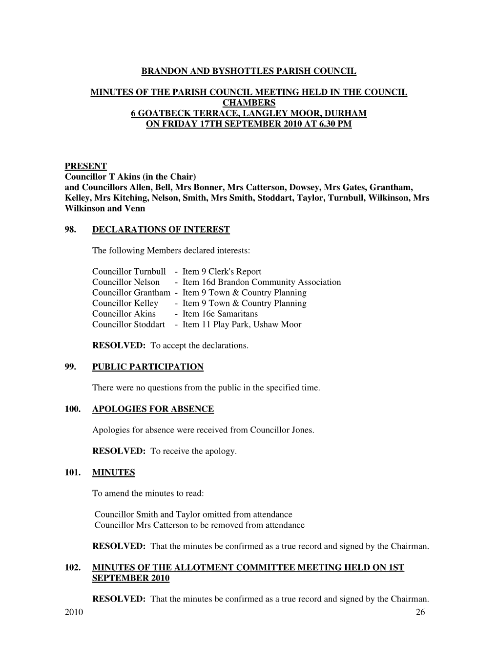 Brandon and Byshottles Parish Council Minutes Of