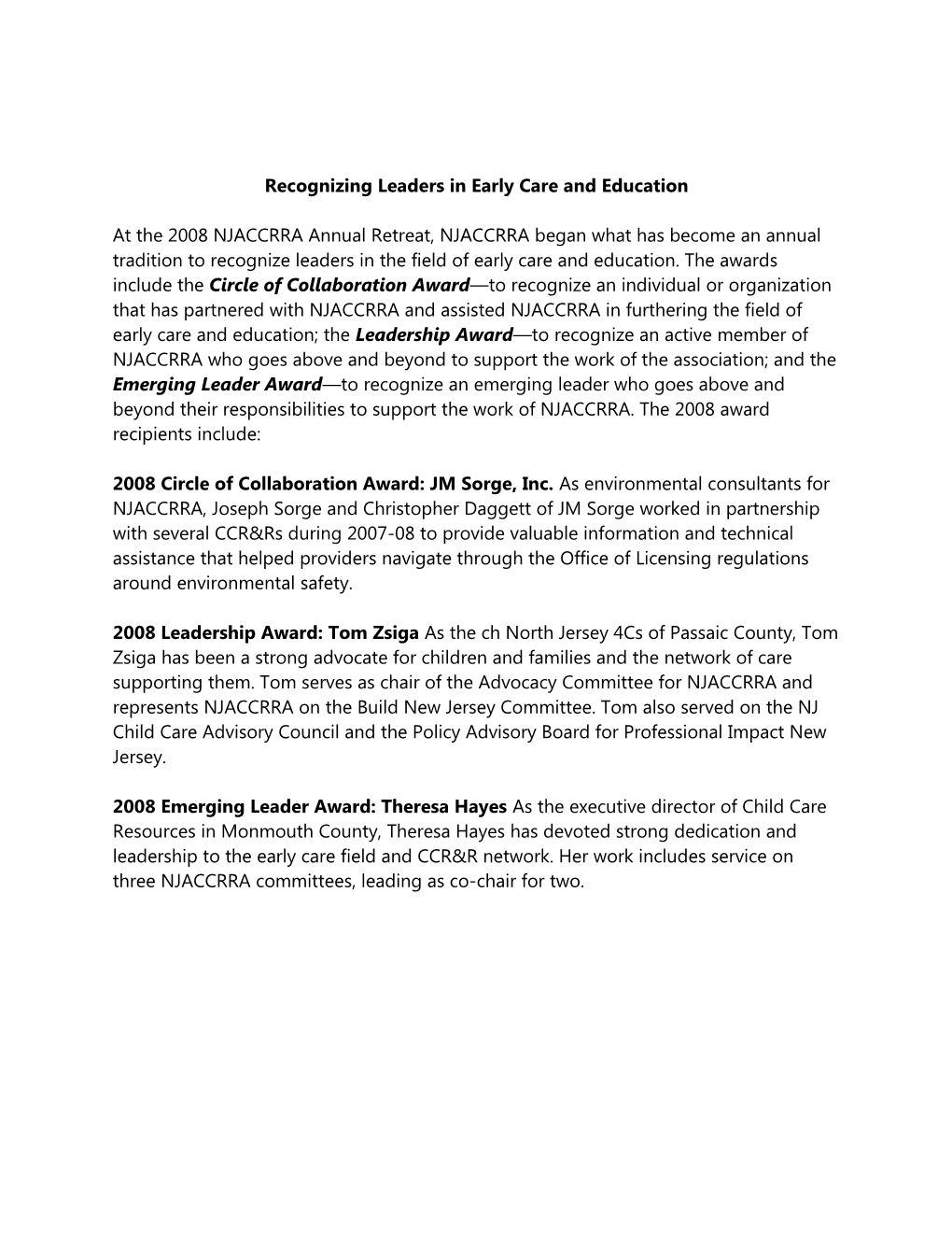 Recognizing Leaders in Early Care and Education