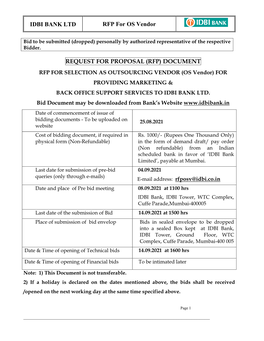 RFP for SELECTION AS OUTSOURCING VENDOR (OS Vendor) for PROVIDING MARKETING & BACK OFFICE SUPPORT SERVICES to IDBI BANK LTD