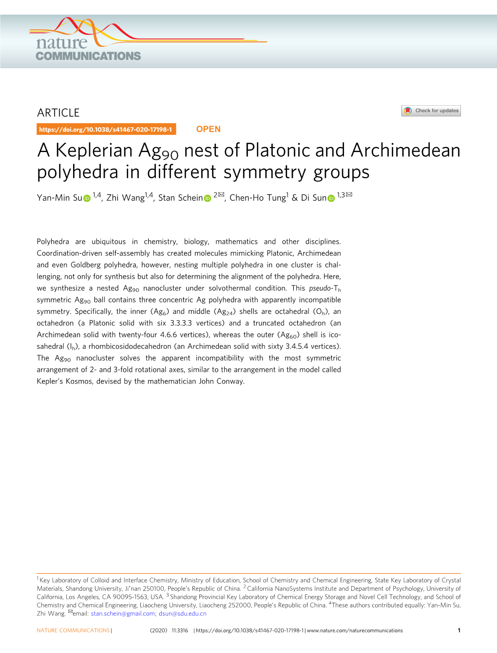 A Keplerian Ag90 Nest of Platonic and Archimedean Polyhedra in Different Symmetry Groups ✉ ✉ Yan-Min Su 1,4, Zhi Wang1,4, Stan Schein 2 , Chen-Ho Tung1 & Di Sun 1,3