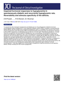 Impaired Hormonal Responses to Hypoglycemia in Spontaneously Diabetic and Recurrently Hypoglycemic Rats
