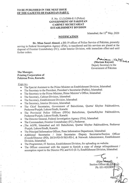 (Police) GOVERNMENT of PAKISTAN CABINET SECRETARIAT ESTABLISHMENT DIVISION 12Th Islamabad, the May, 2020 NOTIFICATION