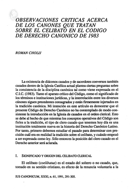 Observaciones Criticas Acerca De Los Canones Que Tratan Sobre El Celibato En El Codigo De Derecho Canonico De 1983