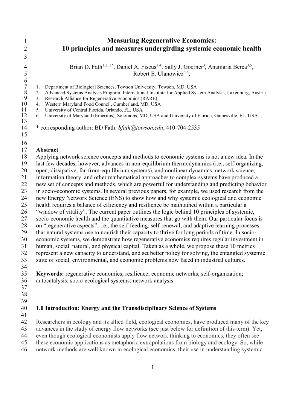 Measuring Regenerative Economics: 2 10 Principles and Measures Undergirding Systemic Economic Health 3 4 Brian D