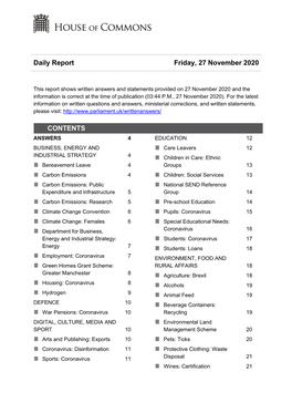 Daily Report Friday, 27 November 2020 CONTENTS