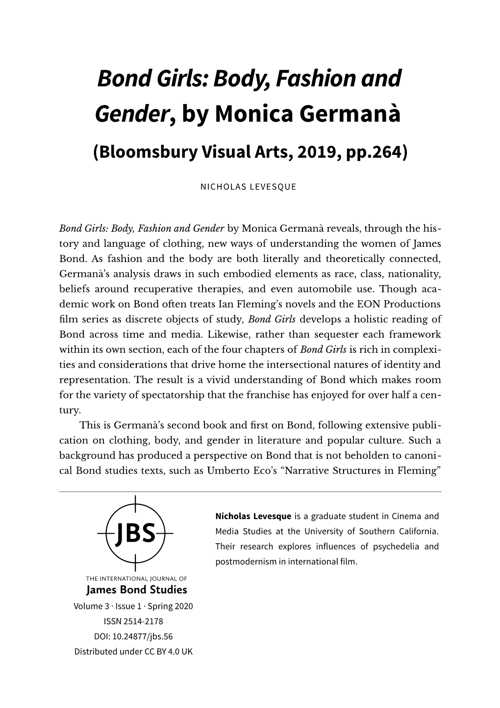 Bond Girls: Body, Fashion and Gender, by Monica Germanà (Bloomsbury Visual Arts, 2019, Pp.264)