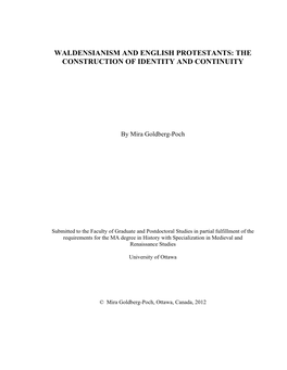 Waldensianism and English Protestants: the Construction of Identity and Continuity