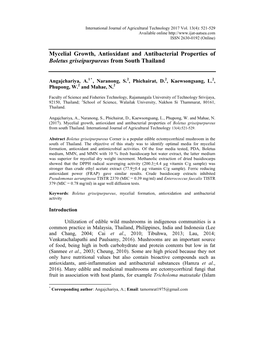 Mycelial Growth, Antioxidant and Antibacterial Properties of Boletus Griseipurpureus from South Thailand