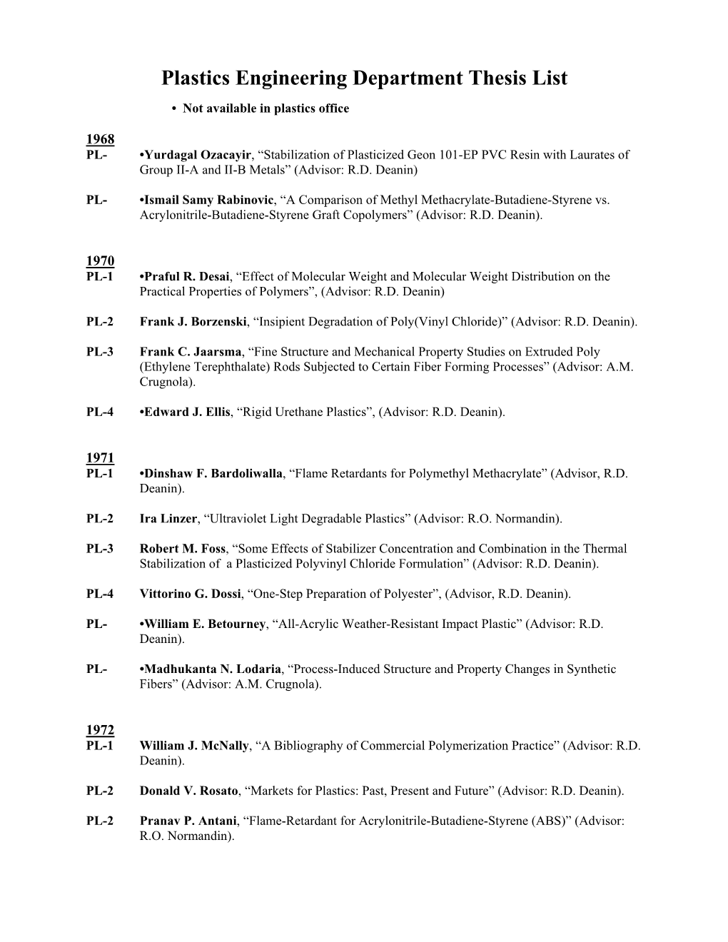 Plastics Engineering Department Thesis List