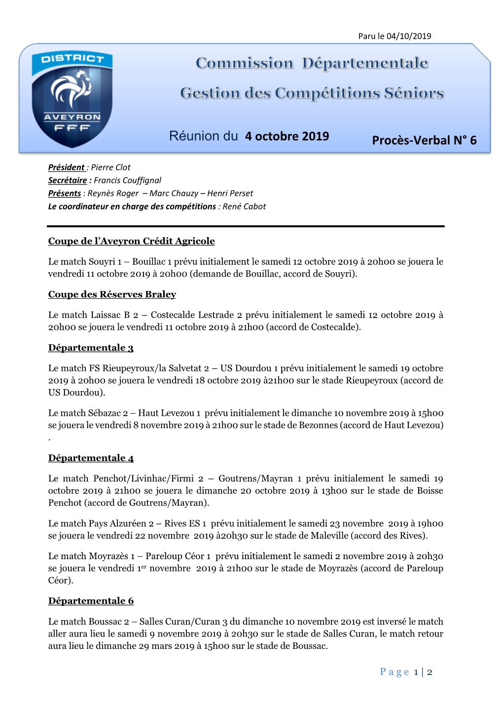 Procès-Verbal N° 6 Réunion Du 4 Octobre 2019