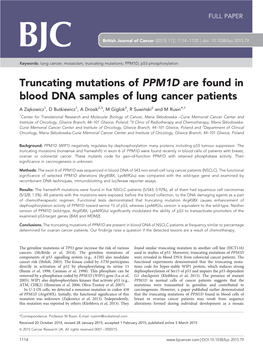 Truncating Mutations of PPM1D Are Found in Blood DNA Samples of Lung Cancer Patients