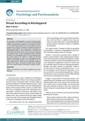 Dread According to Kierkegaard Mark H Stone* Aurora University, Aurora, IL, USA