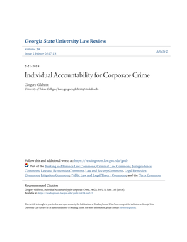 Individual Accountability for Corporate Crime Gregory Gilchrist University of Toledo College of Law, Gregory.Gilchrist@Utoledo.Edu