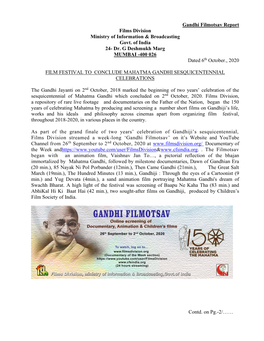 Gandhi Filmotsav Report Films Division Ministry of Information & Broadcasting Govt